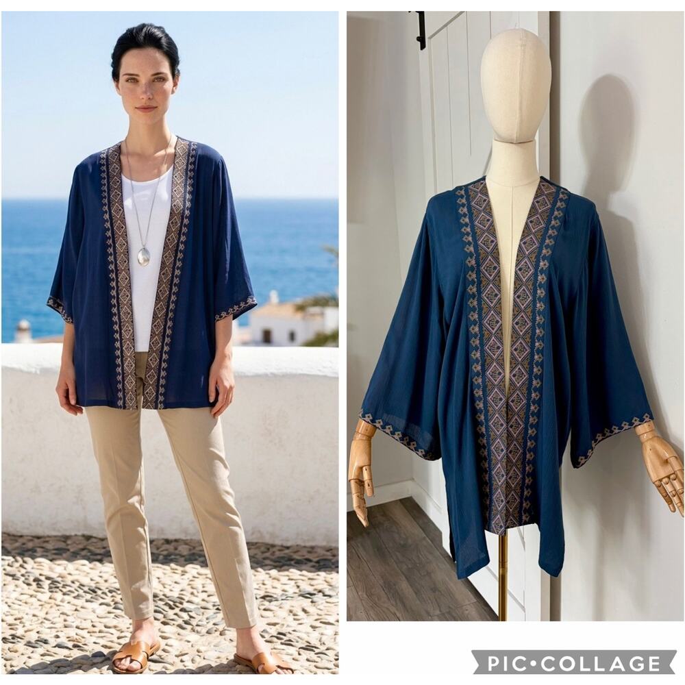 J.JILL ONE SIZE EMBROIDERED CRINKLED KIMONO JACKET IN BLUE MULTI RAYON